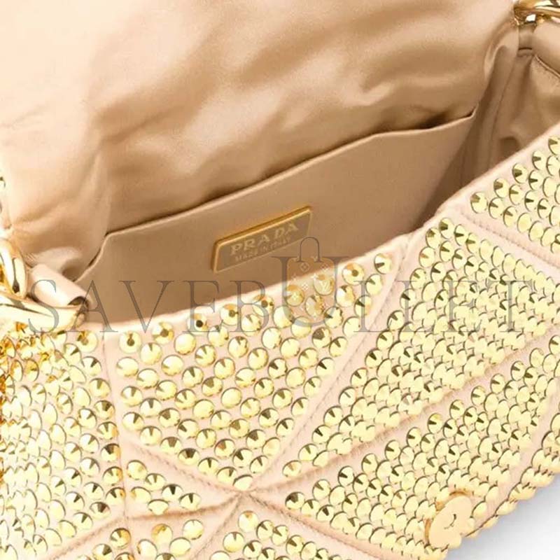 Pra*a mini crystal embellished triangle logo shoulder bag in gold 1bd329 (17*11.5*6cm)